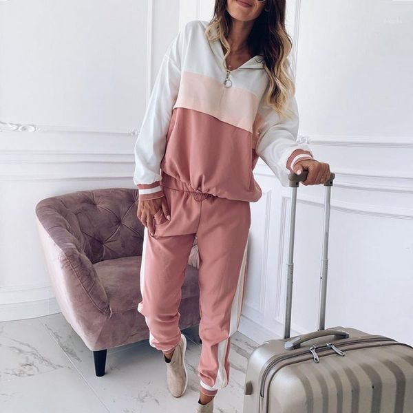 

loozykit patchwork color casual women sweatshirt hoodies pockets zipper loose fitness trainning long pants tracksuit1, Black;blue