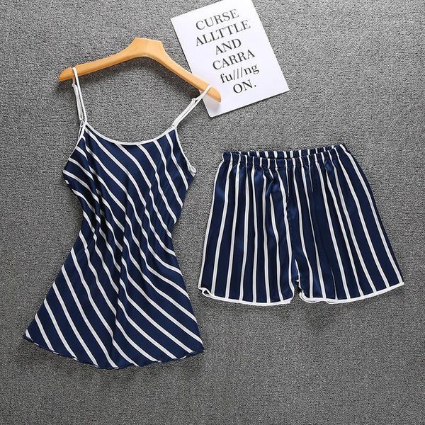 

women's sleepwear women striped strap shorts nightwear satin shirt&shorts pajamas suit casual nightgown 2pcs home clothes1, Black;red