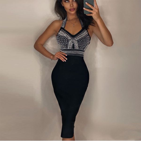 

2021 the new white knight beading new halter woman off shoulder dressed bandage night dress party hs9m, Black;gray