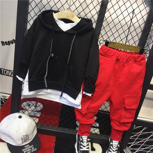 

2pcs boys fashion clothing set kids fake two hoodies and red pant set baby all match casual clothes children 2-7 years old1, White