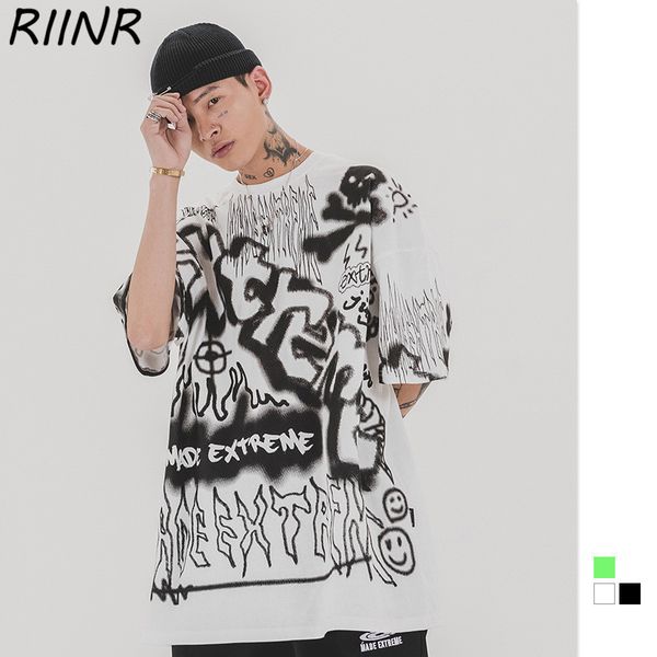 

riinr spring and summer new original men's graffiti letters printing trend loose men's short sleeves hooded sweatshirt hoodie men
