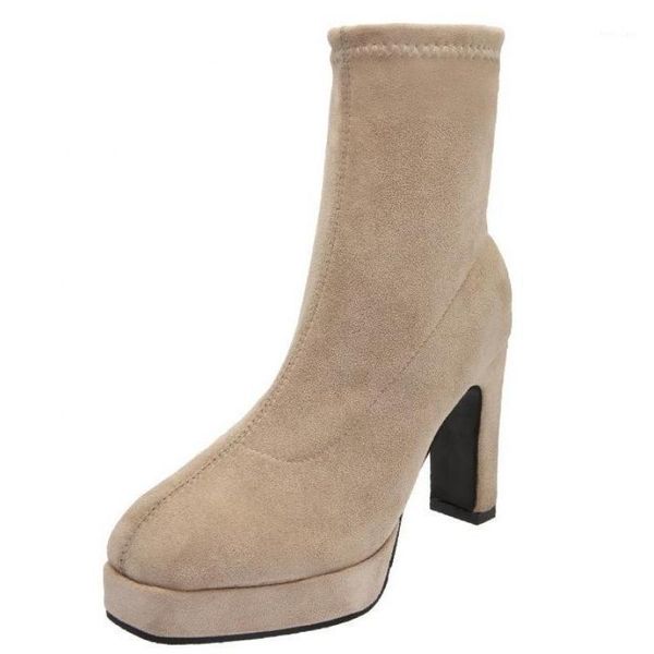 

2020 faux suede slim boots round toe slip-on ankle boots fashion stretch fabric winter women botas mujer1, Black