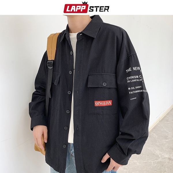 

lappster men streetwear harajuku cargo shirts hip hop men button up shirt long sleeve couple black vintage fall shirts 201120, White;black