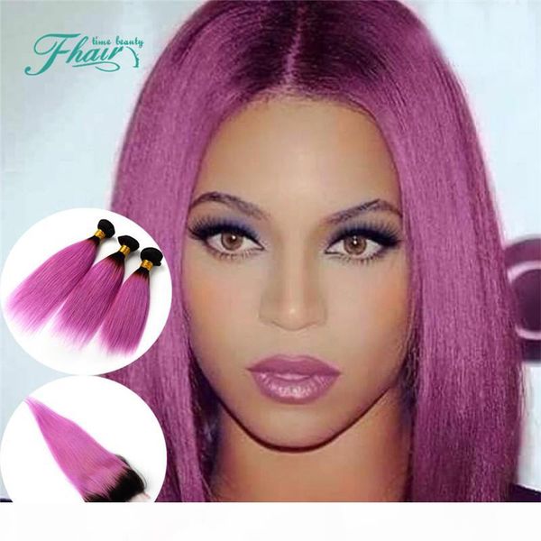 

full cuticle products ombre 1b pink 8a indian hair with closure straight human hair 1b pink two tone 4pcs lot omber hair extensions, Black
