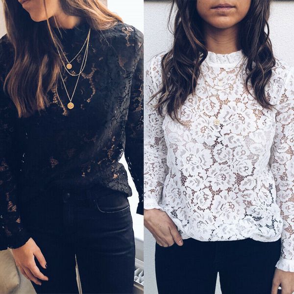 

2020 fashion new women ladies long sleeve blouse hollow out flowers lace jumper shirts office lady tee