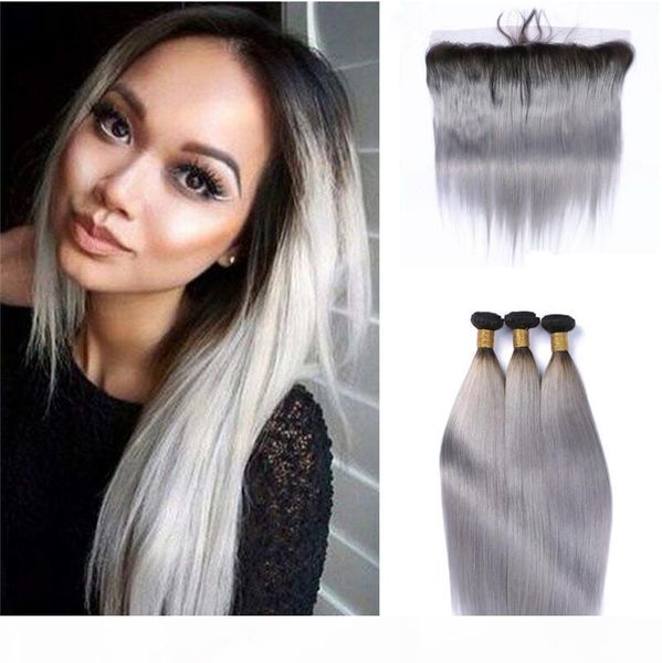 

sliver grey ombre hair with lace frontal 1b gray straight hair with lace frontal 13*4 pre plucked human hair with lace frontal closure, Black;brown