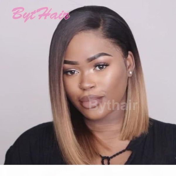 

bythair new bob cut wigs short straight ombre color lace front wigs glueless full lace wig human hair bob wig with baby hairs, Black;brown