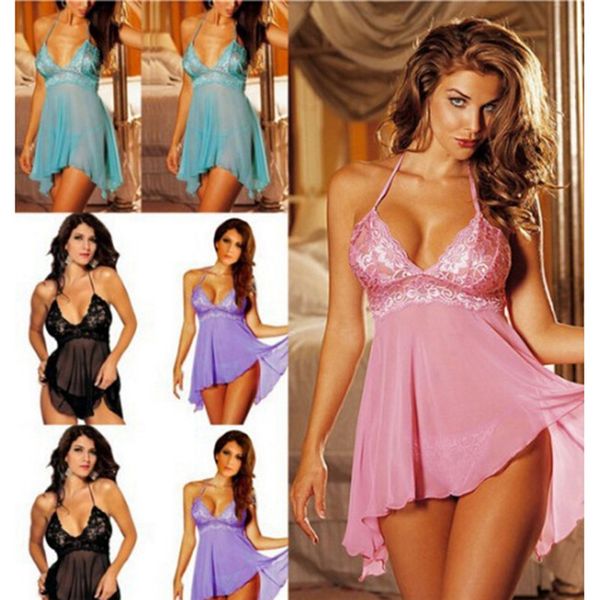 

3pieces/lotplus size womens lingerie lace dress underwear babydoll sleepwear+g-string, Black;red