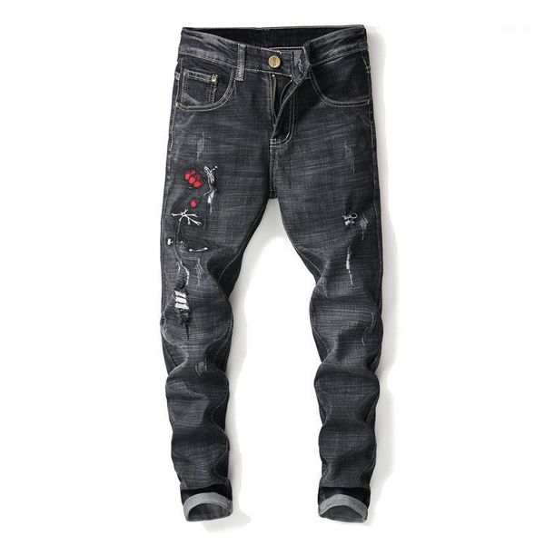 

fashion men ripped jeans pants with flower embroidery straight distressed denim trousers man embroidered jean joggers1, Blue