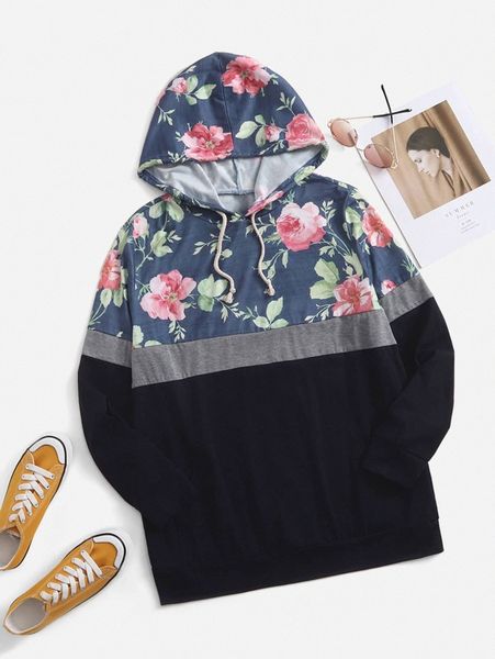 

emery rose floral panel colorblock drawstring hoodie c3s5#, White;black