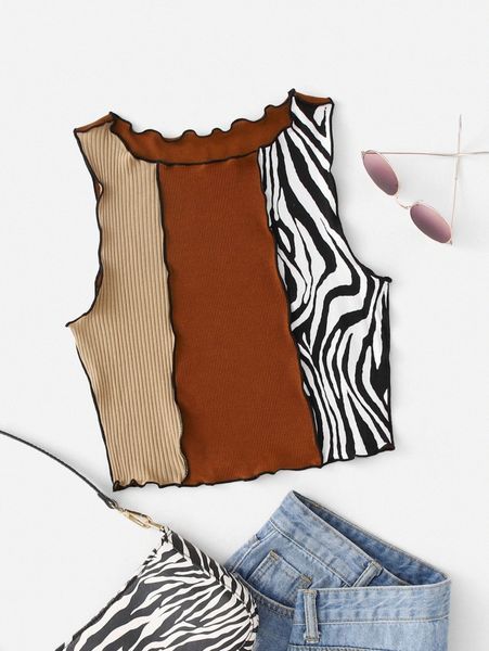 

zebra stripe colorblock lettuce trim tank 6409#, White