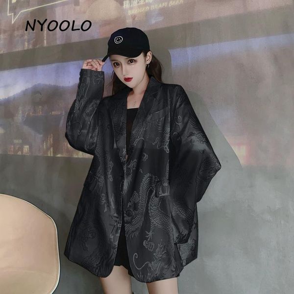 

nyoolo harajuku streetwear dragon pattern loose long sleeve blazer jacket women autumn pockets single breasted outerwear, White;black