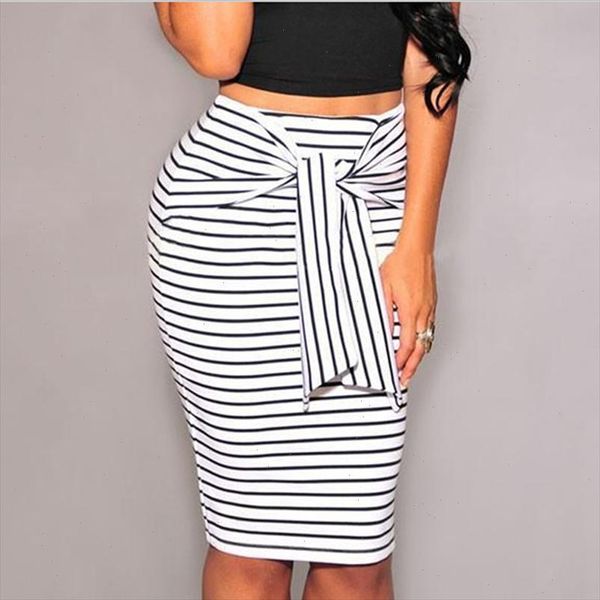 

2021 summer women stripe pencil skirts bodycon long skirt fashion high waist bow tie skirt big size white black female 2xl