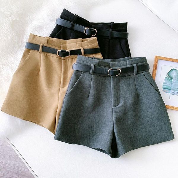 

wasteheart autumn black gray khaki shorts women high waist shorts camel pu sashes bottom zipper sashes england style formal1, White;black