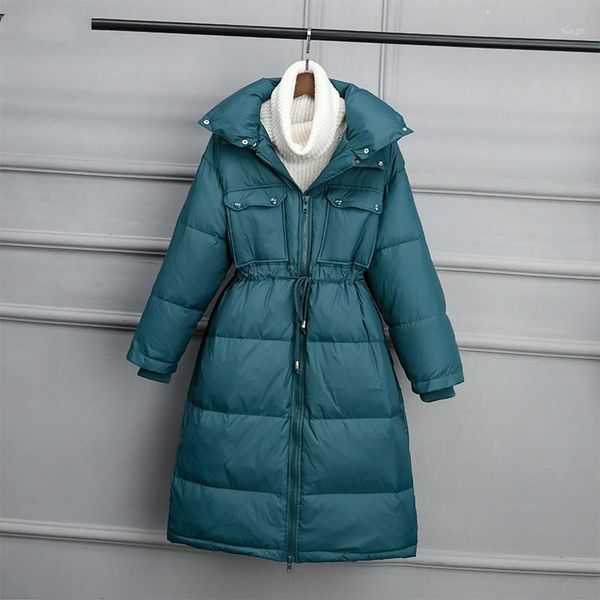 

new women long white duck down jacket winter warm thick slim down coat female long sleeve stand collar korean puffer outwear1, Black