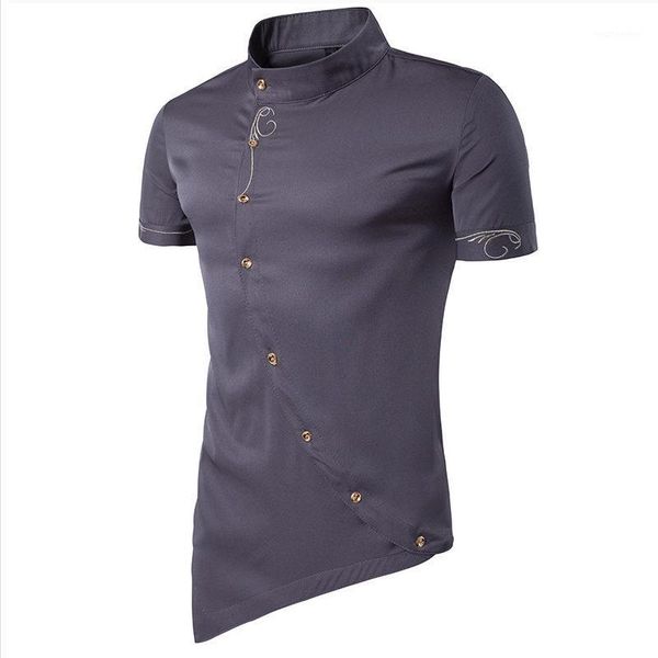 

men shirt personality oblique button irregular men casual shirt new arrival shortsleeve casual slim fit male shirts embroidery1, White;black