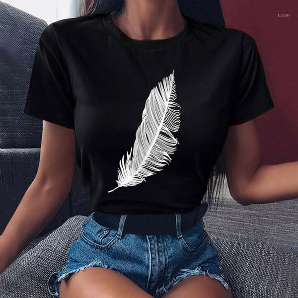 

women casual fashion t-shirt khaki feather sun moon print loose o-neck short sleeve elastic stretched summer home new tee shirt1, White