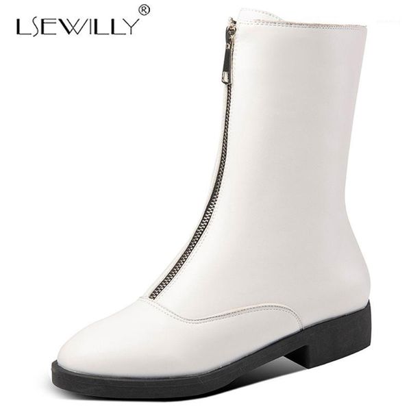 

boots lsewilly front zipper pu leather for women round toe thick heel winter autumn booties black white red ankle k991