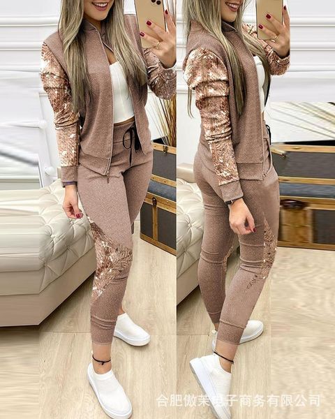

autumn winter two piece outfits for women fashion sequins zipper coat drawstring pants set casual tracksuit sweat suits1, Gray