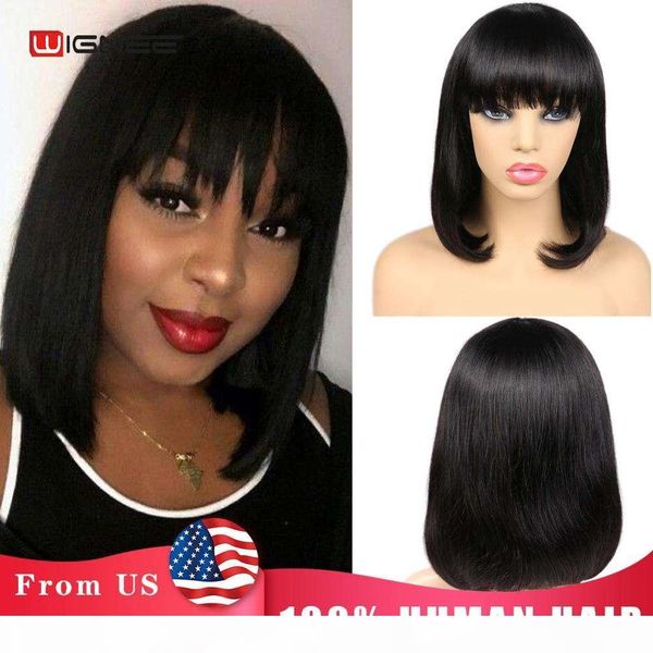 

wignee short straight bob with bangs for women 150% high density brazilian soft hair natural black human wig, Black;brown