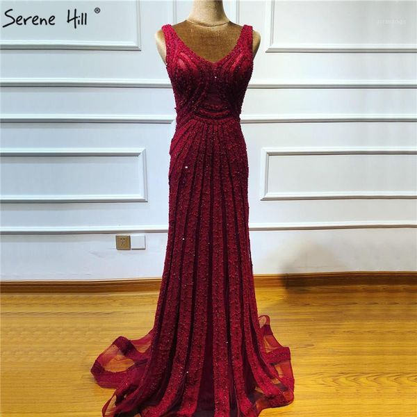 

wine red deep-v back evening dresses 2019 sleeveless beading sequined lace luxury evening gowns serene hill la66931, White;black