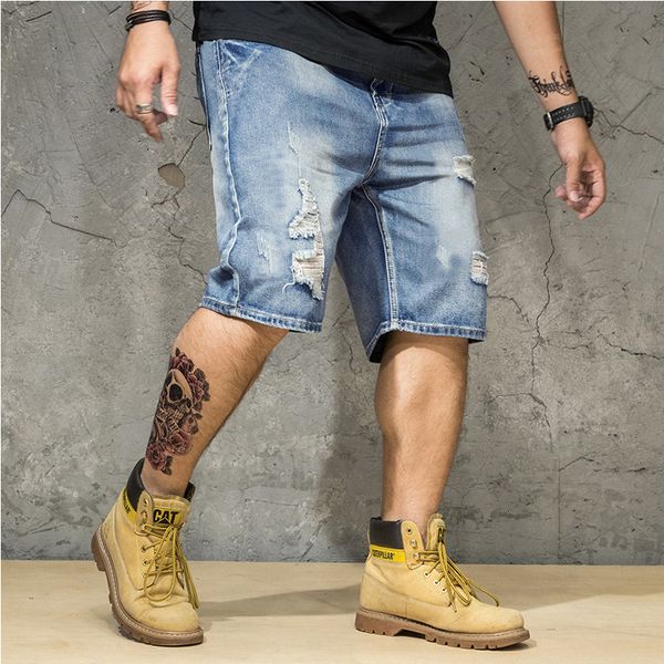 

2020 new european men's fashion hole fat big jeans shorts, Blue