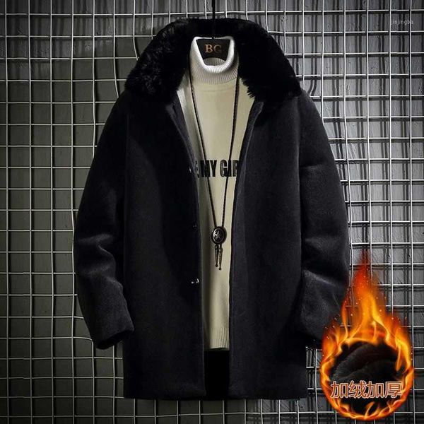 

2020 winter new youth popular solid color plus velvet thickening disassembly fur collar mid-length fashion casual windbreaker1, Tan;black