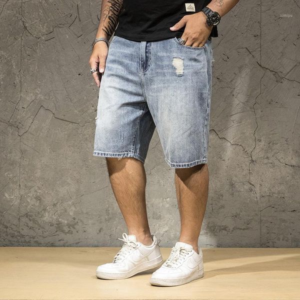 

2020 new arrival men stretch straight tube loose knee length casual jeans men's super large plus size 36 38 40 42 44 46 481, Blue
