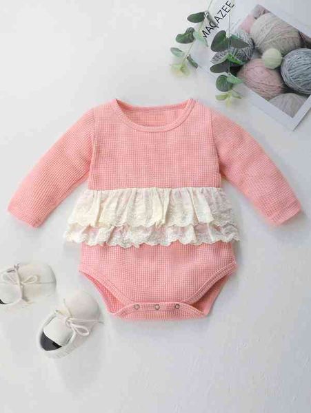 

baby waffle knit eyelet embroidery ruffle trim bodysuit she, Blue