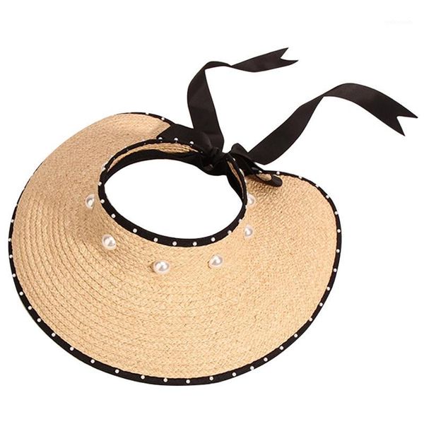 

summer new sunscreen pearl big hat cape grass pearl straw hat handmade lafite sun women1, Blue;gray