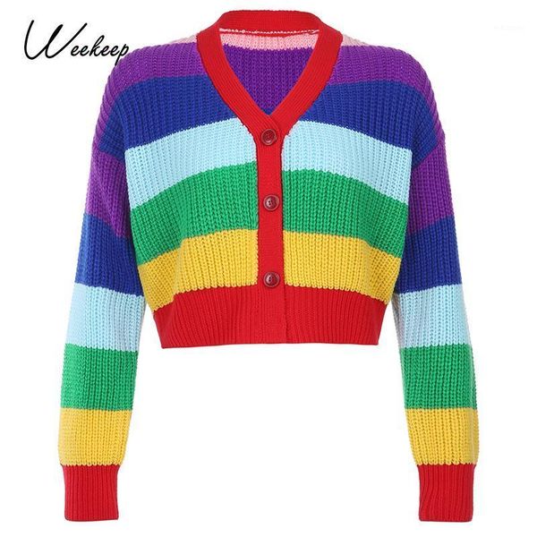 

weekeep rainbow knitted sweater fashion streetwear oversized cardigan casual v neck autumn winter knitwear y2k party clothes1, White