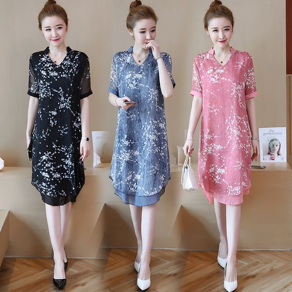 

female major plus size summer dress 2021 released thin casual dressed as a floral beach printed 8o1l, Black;gray