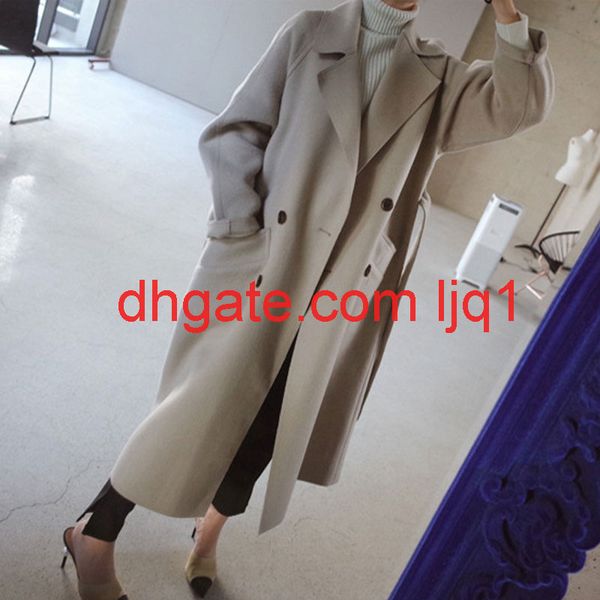 

2019 winter coat women wide lapel belt pocket wool blend coat oversize long trench outwear wool women, Black