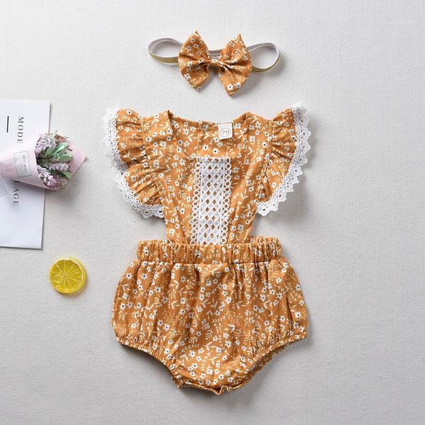 

summer baby's sets newborn girls rompers set flare sleeve floral print lace design romper jumpsuit with headband one-pieces1, White