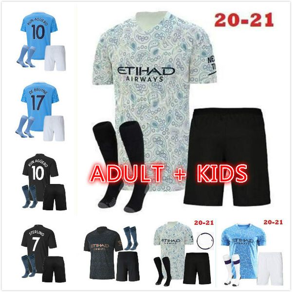 

kids kit 20-21 manchester soccer jersey kun aguero home boy set 2020 sterling mahrez de bruyne g.jesus child kit, Black;yellow