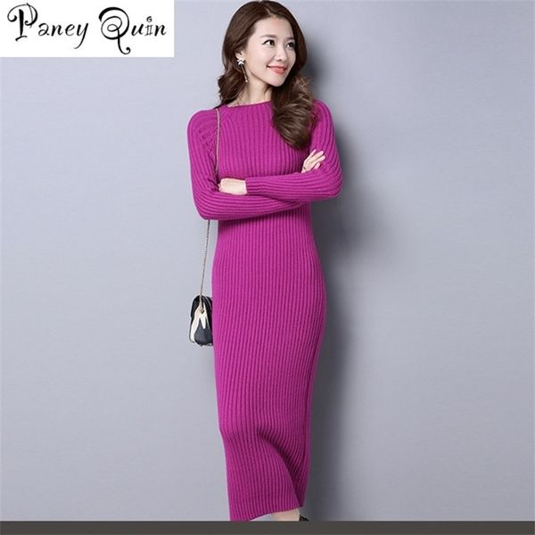 

winter sweater dress over-the-knee long pure color women dresses elegant soft knitted sweater dress bodycon slim midi vestidos y200418, Black;gray