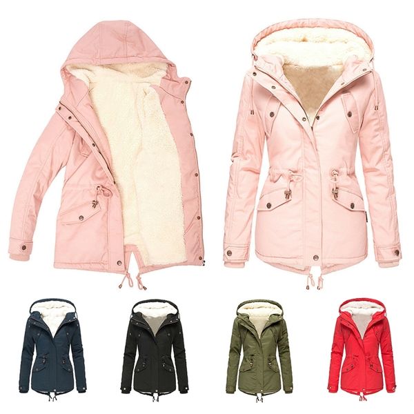 

women plush inside fall winter fashion casual hooded cotton jacket streetwear plus size basic coat d30 201102, Black