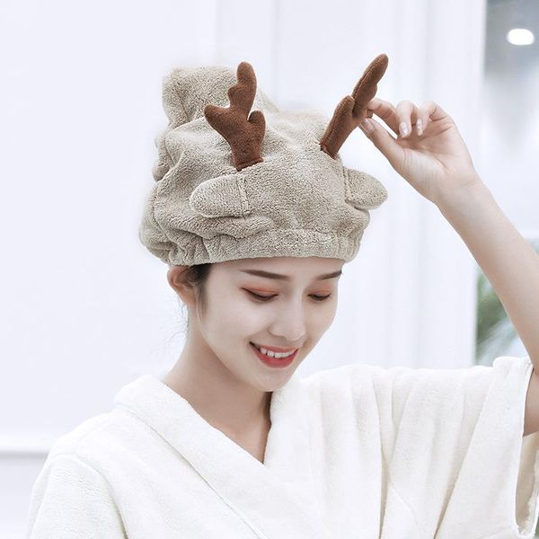 

simple style coral velvet absorbent quick-drying thickened turban antlers cartoon bath and dry hair hat towel