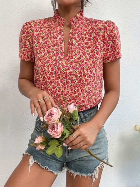 

floral print notched neck puff sleeve blouse z0zr#, White