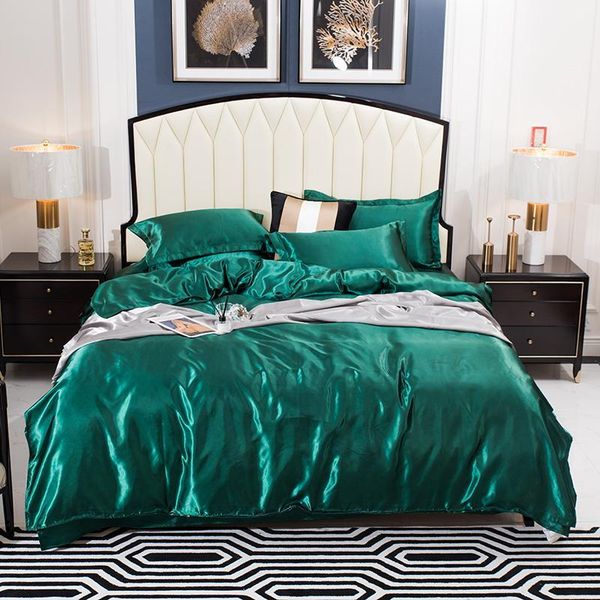 

bedding sets pure color washed-silk four-piece suit 1 duvet cover flat bed sheet 2 pillowcase king single  3 sizes dark green1