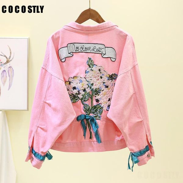 

2020 fashion jacket women's embroidery floral denim jackets vintage casual long sleeve loose coat female jean jacket outerwear1, Black;brown