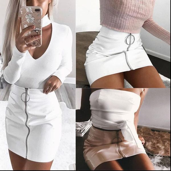 

women high waist skirt front zip faux leather short pencil bodycon mini skirt female ladies solid white skirts, Black
