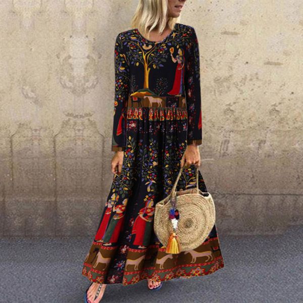 

jaycosin christmas boho long dress women winter vintage dresses plus size splicing floral printed long seleve retro vestidos y200326, Black;gray