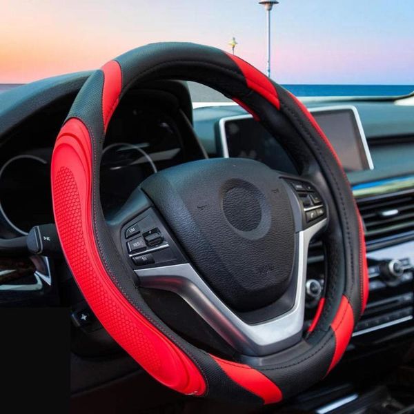 

red breathable car steering wheel cover sports non-slip leather pu 14.5-15in