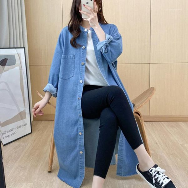 

women's trench coats [ewq]medium length denim windbreaker women side long sleeve single breasted pocket coat fashion tide 2021 spring 3, Tan;black