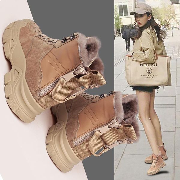 

boots chunky sneakers women winter 2021 warm casual leather shoes, Black