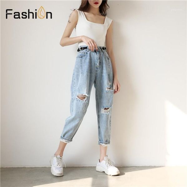 

ripped distressed denim jeans with pu belt women high waist jeans plain straight leg pants trousers boyfriend for women1, Blue