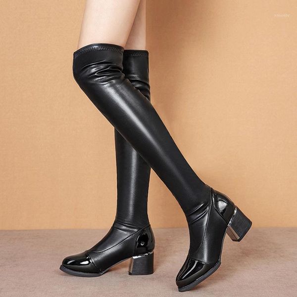

boots rimocy pu leather thigh women black elastic heels over the knee waterproof long botas1