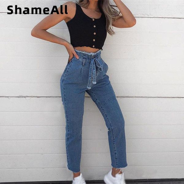 

2021 high waist harem jeans women casual baggy comfortable plus size mom jean belt bandage push up denim trousers pants female, Blue