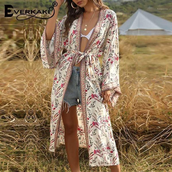 

everkaki gypsy kimonos coats boho floral print sashes ladies vintage loose coat long kimono female casual 2020 spring summer new1, Black;brown